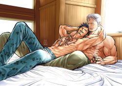 Rule 34 | 2boys, abs, armpits, arms around neck, bara, beard, black hair, caress, chest tattoo, cigar, contemporary, couple, dark-skinned male, dark skin, denim, facial hair, goatee, green pants, heart, heart tattoo, jaguar print, jeans, kokorozashi, large pectorals, long sideburns, looking at viewer, male focus, mature male, messy hair, multiple boys, muscular, muscular male, navel, nipples, on bed, on person, one piece, open mouth, pants, pectorals, topless male, short hair, sideburns, smile, smoker (one piece), smoking, stomach, stubble, sunlight, tattoo, trafalgar law, white hair, yaoi