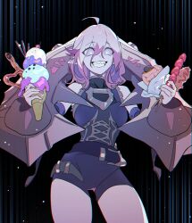 Rule 34 | 1girl, absurdres, ahoge, belt, black belt, breasts, briar (league of legends), chained wrists, chromatic aberration, clenched teeth, colored sclera, colored skin, cowboy shot, detached sleeves, food, glowing, glowing eyes, grey hair, hair between eyes, highres, holding, holding food, holding ice cream, ice cream, league of legends, long hair, looking at viewer, medium breasts, multicolored hair, pink hair, pointy ears, sharp teeth, sidelocks, simple background, smile, solo, streaked hair, teeth, thighs, two-tone hair, vampire, white eyes, wrist cuffs, zaket07