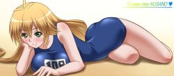 Rule 34 | 1girl, ass, awa, bare arms, bare legs, bare shoulders, blonde hair, blush, breast press, breast rest, breasts, eyebrows, green eyes, kusano, large breasts, legs, long hair, looking at viewer, lying, aged up, on stomach, sekirei, simple background, smile, solo, swimsuit, thighs