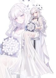 Rule 34 | 1girl, absurdres, bar stool, blue archive, bouquet, breasts, bridal veil, cleavage, dress, earclip, flower, grey eyes, hair flower, hair ornament, hair tubes, halo, highres, himari (blue archive), holding, holding bouquet, long hair, mole, mole under eye, pointy ears, raki kr, see-through, see-through dress, sitting, small breasts, smile, solo, stool, thigh strap, veil, white dress, white flower, white hair, white veil