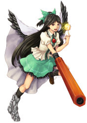Rule 34 | 1girl, arm cannon, asymmetrical footwear, bad id, bad pixiv id, bird wings, black hair, black socks, blouse, bow, cape, female focus, hair bow, index finger raised, kneehighs, leg up, long hair, looking at viewer, mismatched footwear, natsume k, nose, open mouth, red eyes, reiuji utsuho, shirt, short sleeves, simple background, skirt, socks, solo, sun, third eye, touhou, very long hair, weapon, white background, wings