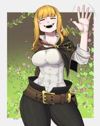 Rule 34 | 1girl, arm behind back, belt, belt buckle, black clover, breasts, buckle, closed eyes, happy, large breasts, limn044, medium breasts, mimosa vermillion, orange hair, pants, shirt, smile, solo, tight clothes, tight pants, tight shirt, waving