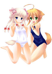 Rule 34 | 2girls, absurdres, ahoge, animal ears, bad id, bad pixiv id, barefoot, blonde hair, blue eyes, blush, cat ears, cat tail, dog ears, dog tail, fang, green eyes, hair bow, highres, long hair, mikan (wanko), multiple girls, multiple hair bows, neko pan, one-piece swimsuit, open mouth, orange hair, school swimsuit, silviana, smile, swimsuit, tail, tight clothes, wanko to kurasou, white one-piece swimsuit, white school swimsuit