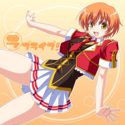 Rule 34 | 1girl, :d, black vest, bokura no live kimi to no life, collared shirt, commentary, copyright name, cropped jacket, double horizontal stripe, hoshizora rin, idol, jacket, kikuchi tsutomu, looking at viewer, love live!, miniskirt, necktie, open mouth, orange background, orange hair, outline, outstretched arms, pleated skirt, red jacket, shirt, short hair, short sleeves, skirt, smile, solo, spread arms, vest, white outline, white shirt, wing collar, yellow eyes
