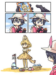 Rule 34 | 10s, animal ears, backpack, bag, basket, bow, bowtie, bucket hat, calendar (object), camera, cellphone, clock, cross-laced clothes, elbow gloves, gloves, hat, hat feather, high-waist skirt, kaban (kemono friends), kemono friends, lucky beast (kemono friends), phone, red shirt, seki (red shine), serval (kemono friends), serval print, serval tail, shirt, skirt, sleeveless, sleeveless shirt, smartphone, striped tail, tail