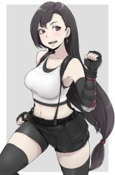 Rule 34 | 1girl, belt, bike shorts, black belt, black hair, black shorts, black skirt, breasts, brown eyes, clothes lift, commentary, cowboy shot, earrings, elbow gloves, elbow pads, fighting stance, final fantasy, final fantasy vii, final fantasy vii remake, fingerless gloves, gloves, grey background, highres, ina (gokihoihoi), jewelry, lifting own clothes, long hair, looking at viewer, low-tied long hair, medium breasts, midriff, miniskirt, navel, open mouth, outside border, shirt, shorts, shorts under skirt, skirt, skirt lift, solo, standing, suspender skirt, suspenders, swept bangs, tank top, thighhighs, thighs, tifa lockhart, white shirt