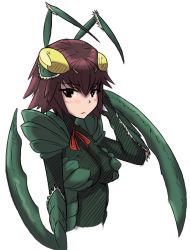 Rule 34 | 1girl, animal hands, antennae, arm behind head, arm blade, arthropod girl, artist request, black eyes, blush, breasts, brown hair, carapace, frown, large breasts, looking at viewer, mantis (monster girl encyclopedia), mantis girl, monster girl, monster girl encyclopedia, neck ribbon, ribbon, short hair, simple background, solo, source request, upper body, weapon, white background