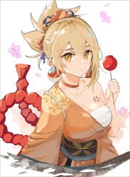 Rule 34 | 1girl, bandages, bare shoulders, black sash, blonde hair, breasts, candy apple, chest sarashi, chest tattoo, choker, cleavage, commentary, food, genshin impact, hair between eyes, hand up, highres, holding, holding food, japanese clothes, kimono, looking at viewer, lycsakd, medium breasts, obi, orange kimono, ponytail, red choker, sarashi, sash, short hair, simple background, solo, tattoo, upper body, white background, yellow eyes, yoimiya (genshin impact)