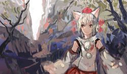 Rule 34 | 1girl, absurdres, animal ears, detached sleeves, forest, hat, highres, inubashiri momiji, looking to the side, nature, onion (onion and pi-natto), pom pom (clothes), red eyes, red skirt, ribbon-trimmed clothes, ribbon trim, short hair, skirt, sleeveless, solo, tokin hat, touhou, tree, water, waterfall, white hair, wolf ears