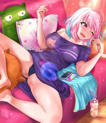 Rule 34 | 1girl, ahoge, alternate costume, ass, bad id, bad pixiv id, bare shoulders, barefoot, blue hair, blue panties, blush, bottle, breasts, cellphone, character pillow, couch, curtains, day, drinking straw, drooling, groin, hanamasa ono, hands up, heart, heart print, highres, idolmaster, idolmaster cinderella girls, idolmaster cinderella girls starlight stage, indoors, large breasts, looking to the side, lying, meme, multicolored hair, no bra, no pants, off-shoulder shirt, off shoulder, on back, on couch, one eye closed, open mouth, panties, phone, pillow, pina korata, pink eyes, pink hair, purple shirt, shirt, short hair, short sleeves, smartphone, smartphone case, solo, space cat (meme), spread legs, sunlight, t-shirt, thighs, tongue, two-tone hair, underwear, waking up, wooden floor, yumemi riamu