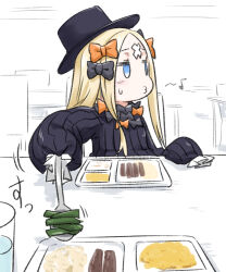 Rule 34 | 1girl, abigail williams (fate), bell pepper, black bow, black dress, black headwear, blonde hair, blue eyes, blush, bow, dress, eighth note, fate/grand order, fate (series), hair bow, highres, holding, holding spoon, long hair, long sleeves, musical note, neon-tetora, orange bow, parted bangs, pepper, puckered lips, puffy long sleeves, puffy sleeves, sleeves past fingers, sleeves past wrists, solo, spoon, sweat, tray, upper body, very long hair
