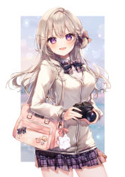 Rule 34 | 1girl, :d, bad id, bad pixiv id, bag, blush, bow, breasts, brown bow, camera, cardigan, collared shirt, commentary, dress shirt, grey hair, hair between eyes, hair bow, hair bun, hair ornament, hairclip, highres, holding, holding camera, long hair, looking at viewer, medium breasts, open mouth, original, plaid bow, plaid clothes, plaid skirt, pleated skirt, purple bow, purple eyes, purple skirt, school uniform, shirt, skirt, smile, solo, symbol-only commentary, taya oco, white cardigan, white shirt