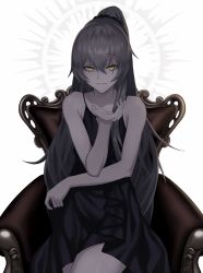Rule 34 | 1girl, bare arms, bare shoulders, black dress, black hairband, breasts, cero (last2stage), chair, commentary request, dress, girls&#039; frontline, grey hair, hair ornament, hairband, hand up, highres, holding, holding clothes, holding dress, legs, long hair, looking at viewer, ponytail, scar, scar across eye, scar on face, seat, sidelocks, simple background, sitting, small breasts, smile, solo, ump45 (girls&#039; frontline), very long hair, white background, yellow eyes