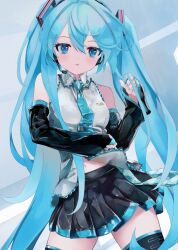 Rule 34 | 1girl, aqua eyes, aqua hair, aqua nails, aqua necktie, black skirt, black sleeves, black thighhighs, blue hair, blush, clenched hands, clothes lift, collar, collared shirt, commentary request, detached sleeves, frilled collar, frilled shirt, frills, gradient hair, grey shirt, hair between eyes, hair ornament, hand in own hair, hatsune miku, head tilt, headset, highres, light blue background, long hair, looking at viewer, midriff peek, miniskirt, multicolored hair, navel, necktie, open mouth, parted lips, pleated skirt, shirt, shirt lift, simple background, skindentation, skirt, sleeveless, sleeveless shirt, solo, takepon1123, thighhighs, twintails, very long hair, vocaloid, white background, zettai ryouiki