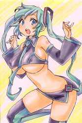 Rule 34 | 1girl, breasts, calligraphy brush (medium), detached sleeves, covered erect nipples, hatsune miku, large breasts, long hair, marker (medium), millipen (medium), necktie, open mouth, rodeorodeo, solo, thighhighs, traditional media, twintails, vocaloid