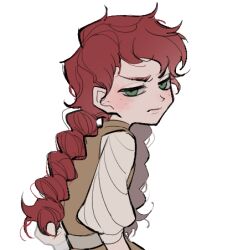 Rule 34 | 1girl, braid, brown vest, closed mouth, don&#039;t starve, freckles, from side, frown, furrowed brow, green eyes, jenny25424633, looking at viewer, looking to the side, lowres, puffy sleeves, red hair, shirt, simple background, solo, twin braids, twintails, upper body, vest, white background, white shirt, wigfrid (don&#039;t starve)