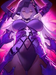 Rule 34 | 1girl, bare shoulders, black swan (honkai: star rail), breasts, bright pupils, commentary, covered navel, cowboy shot, distr, dress, elbow gloves, gloves, grin, highres, honkai: star rail, honkai (series), large breasts, long hair, pantyhose, purple dress, purple eyes, purple hair, sleeveless, sleeveless dress, smile, standing, veil, very long hair, white pupils