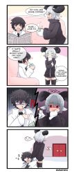 Rule 34 | 1boy, 1girl, 4koma, alicia dominia (alexdoheny), animal ears, animal hands, baphomet (monster girl encyclopedia), child, comic, commission, drink, goat ears, goat horns, highres, horns, kurotofu, monster girl, monster girl encyclopedia, red eyes, second-party source, sleeping potion, tail, test tube, thighhighs, white hair, yandere