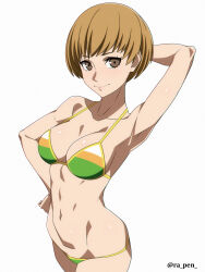Rule 34 | 1girl, arm behind head, armpits, bikini, breasts, brown eyes, brown hair, cleavage, commentary request, cowboy shot, hand on own hip, highres, looking at viewer, medium breasts, multicolored bikini, multicolored clothes, persona, persona 4, ra-pen, satonaka chie, short hair, simple background, solo, swimsuit, twitter username, white background
