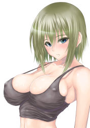 Rule 34 | 1girl, blonde hair, blue eyes, blush, breasts, cleavage, covered erect nipples, large breasts, looking at viewer, muffin (sirumeria), original, shiny skin, short hair, simple background, solo, strap gap, tank top, white background