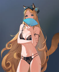 Rule 34 | 1girl, animal ears, arknights, black bra, black panties, blue background, blue bow, blue eyes, blue flower, blush, bow, bra, breasts, brown hair, cat ears, cat girl, cat tail, cleavage, covering own mouth, flower, folding fan, hair bow, hair flower, hair ornament, hand fan, highres, holding, holding fan, iris (arknights), jason kim, long hair, medium breasts, navel, panties, simple background, solo, strap slip, tail, underwear, underwear only, very long hair
