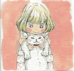 Rule 34 | 1girl, animal, animal collar, back bow, beige background, blonde hair, blue eyes, blunt bangs, blush stickers, bob cut, border, bow, cat, child, closed mouth, collar, dot nose, dress, facing viewer, head rest, holding, holding animal, holding cat, kawamoto momo, lace, lace-trimmed sleeves, lace trim, looking at animal, looking down, polka dot, polka dot dress, red collar, sangatsu no lion, short hair, simple background, solo, umino chika, wavy mouth, white border, white bow, white dress