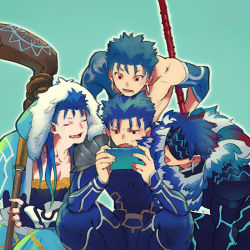 Rule 34 | 4boys, blindfold, blue hair, cellphone, cu chulainn (caster) (fate), cu chulainn (fate), cu chulainn (fate/stay night), cu chulainn (second ascension) (fate), earrings, fang, fate/grand order, fate/stay night, fate (series), gae bolg (fate), honnomusi323, hood, igote, jewelry, male focus, multiple boys, multiple persona, official alternate costume, open mouth, phone, polearm, red eyes, single bare shoulder, sitting, smartphone, smile, spear, staff, tongue, tongue out, weapon