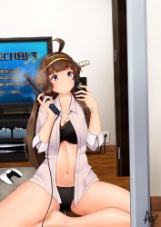 Rule 34 | 1girl, absurdres, ahoge, anchor print, black bra, black panties, bra, braid, braided bun, brown hair, cameo, cellphone, closed mouth, commentary, controller, door, double bun, electric plug, game console, game controller, hair bun, hair dryer, hairband, highres, holding, kantai collection, kongou (kancolle), long hair, minecraft, mirror, no pants, open clothes, open shirt, paid reward available, panties, phone, playstation 5, purple eyes, selfie, shirt, signature, sitting, solo, tadokoro nurikabe, television, underwear, video game, white shirt