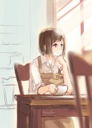 Rule 34 | 1girl, absurdres, apron, bang dream!, brown apron, brown eyes, brown hair, chair, closed mouth, commentary request, cup, day, gurifu, hazawa tsugumi, highres, holding, holding cup, indoors, looking away, looking to the side, on chair, shirt, sitting, sketch, smile, solo, sunlight, table, white shirt, window