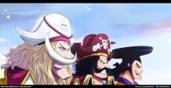 Rule 34 | 3boys, artist name, black hair, blonde hair, edward newgate, facial hair, from side, gol d. roger, goldenhans, hat, highres, japanese clothes, jolly roger, kouzuki oden, letterboxed, long hair, looking away, male focus, multiple boys, mustache, one piece, open mouth, pirate hat, short hair, smile, watermark, web address, whitebeard pirates jolly roger