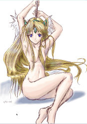 Rule 34 | 1girl, armpits, arms up, artist request, blonde hair, blue eyes, completely nude, convenient censoring, cursor, female focus, long hair, looking at viewer, navel, nude, riesz, seiken densetsu, seiken densetsu 3, shadow, simple background, sitting, solo, toes, very long hair, white background, yokozuwari