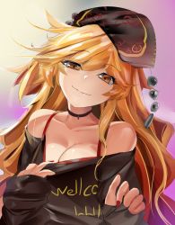 Rule 34 | 1girl, alternate costume, ashu, bare shoulders, black headwear, black shirt, blonde hair, breasts, choker, cleavage, closed mouth, collarbone, commentary request, cosplay, english text, gradient background, head tilt, hecatia lapislazuli, hecatia lapislazuli (cosplay), highres, junko (touhou), large breasts, long hair, long sleeves, looking at viewer, multicolored background, nail polish, off-shoulder shirt, off shoulder, pulled by self, red nails, shirt, sleeves past wrists, smile, solo, swept bangs, touhou, upper body, yellow eyes