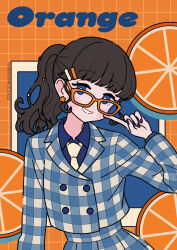 Rule 34 | 1girl, black hair, blue background, blue eyes, blue nails, blue shirt, blush stickers, collared shirt, commentary, dated, earrings, flower earrings, food, fruit, glasses, hair ornament, hairclip, hand up, highres, jacket, jewelry, long hair, long sleeves, looking at viewer, nail polish, necktie, neki (wakiko), orange-framed eyewear, orange (fruit), orange background, orange slice, original, plaid, plaid jacket, plaid skirt, pleated skirt, ponytail, revision, shirt, skirt, smile, solo, twitter username, white necktie