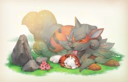 Rule 34 | animal focus, covered eyes, creatures (company), closed eyes, facing another, flower, game freak, grass, hair over eyes, highres, hisuian arcanine, hisuian growlithe, kemonomichi (blue black), licking, lying, nintendo, no humans, on stomach, pokemon, pokemon (creature), rock
