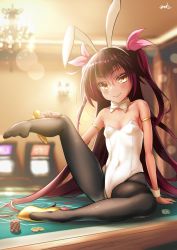 Rule 34 | 1girl, absurdres, animal ears, black hair, black pantyhose, bow, bowtie, breasts, dark-skinned female, dark skin, detached collar, fritz614, gold footwear, highres, leotard, long hair, looking at viewer, master nemesis, pantyhose, playboy bunny, poker chip, poker table, rabbit ears, roulette table, shoes, sitting, small breasts, solo, strapless, strapless leotard, table, to love-ru, to love-ru darkness, twintails, unworn shoe, unworn shoes, very long hair, white bow, white bowtie, white leotard, wrist cuffs, yellow eyes