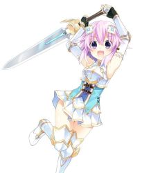 Rule 34 | 1girl, armor, armored boots, armpits, arms up, bare shoulders, boots, breastplate, dress, elbow gloves, female focus, fingerless gloves, four goddesses online: cyber dimension neptune, gauntlets, gloves, greaves, hair ornament, holding, holding weapon, knee boots, leg up, looking at viewer, neptune (neptunia), neptune (series), official art, open mouth, pleated skirt, purple eyes, purple hair, short dress, short hair, simple background, skirt, sleeveless, smile, solo, sword, thighhighs, tsunako, weapon, white background, zettai ryouiki