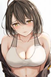 Rule 34 | 1girl, azur lane, baltimore (azur lane), baltimore (black ace) (azur lane), bare shoulders, blush, breasts, cleavage, closed mouth, collarbone, commentary request, hair between eyes, highres, looking away, medium breasts, midriff, navel, partial commentary, sherlock hime, sidelocks, simple background, solo, sports bra, standing, upper body, white background