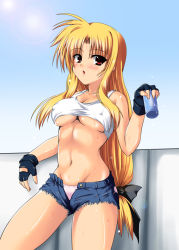 Rule 34 | 00s, 1girl, against wall, blonde hair, breasts, cleavage, clothes lift, covered erect nipples, crop top, cutoffs, denim, denim shorts, drink, fate testarossa, fingerless gloves, gloves, hair ribbon, johnny (from scratch), long hair, low-tied long hair, lyrical nanoha, mahou shoujo lyrical nanoha, mahou shoujo lyrical nanoha strikers, midriff, no bra, open fly, open mouth, panties, pink panties, ponytail, red eyes, ribbon, shirt lift, shorts, solo, sweat, tank top, torn clothes, underboob, underwear, unzipped, very long hair