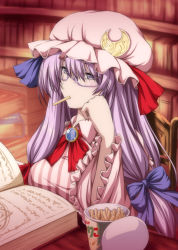 Rule 34 | 1girl, blue bow, blue ribbon, book, book stack, bookshelf, bow, breasts, brooch, commentary request, crescent, dress, eating, food, food in mouth, frilled sleeves, frills, hair bow, hat, hat ribbon, head rest, highres, indoors, jewelry, large breasts, library, long hair, long sleeves, mob cap, mouth hold, neck ribbon, nori tamago, open book, patchouli knowledge, purple eyes, purple hair, reading, red bow, red ribbon, ribbon, sidelocks, sitting, solo, striped clothes, striped dress, swept bangs, touhou, upper body, vertical-striped clothes, vertical-striped dress, wide sleeves