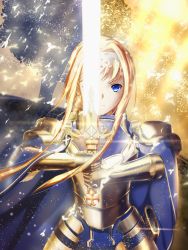 Rule 34 | 1girl, alice zuberg, armor, armored dress, blonde hair, blue cape, blue eyes, cape, edwordkevin, floating hair, gauntlets, glowing, gold armor, hairband, highres, holding, holding sword, holding weapon, long hair, looking at viewer, pauldrons, shoulder armor, solo, standing, sword, sword art online, very long hair, weapon, white hairband