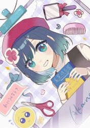 Rule 34 | 1girl, aged down, beret, black dress, blue bow, blue eyes, blue hair, book, bow, comb, commentary request, dress, emoji, hand mirror, hat, heart, highres, holding, holding book, kurokawa akane, mirror, oshi no ko, pleading face emoji, scissors, shirt, short hair, sio2 yoyon, smile, solo, speech bubble, white shirt