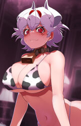 Rule 34 | 1girl, animal print, beelzebub (helltaker), bell, bikini, blurry, blush, breasts, choker, collar, commentary, cow print, cowbell, demon girl, demon horns, depth of field, english commentary, freckles, fujioka yatsufusa, head steam, helltaker, highres, horns, indoors, lamp, large breasts, leather choker, leather collar, looking at viewer, navel, neck bell, print bikini, red eyes, short hair, signature, solo, sweat, swimsuit, white hair, white horns
