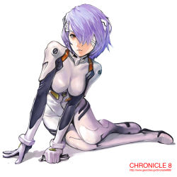 Rule 34 | 1girl, arm support, ayanami rei, bandage over one eye, bandages, blue hair, bodysuit, bracer, breasts, full body, glasses, gloves, hair ornament, hair over one eye, highres, holding, kiyohisa, leaning forward, looking at viewer, neon genesis evangelion, one eye covered, parted lips, pilot suit, pinup (style), plugsuit, purple hair, realistic, red eyes, shadow, short hair, simple background, sitting, solo, turtleneck, watermark, web address, white background
