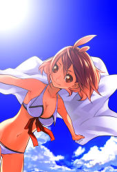Rule 34 | 1girl, bikini, breasts, brown hair, cleavage, cloud, day, leaning forward, original, outstretched arms, red eyes, short hair, sky, smile, solo, spread arms, sunlight, swimsuit, towel, yuuzii