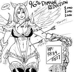 Rule 34 | 1girl, angel wings, animal ear fluff, animal ears, armor, arrow (projectile), arrow in body, bb (baalbuddy), bikini, bikini armor, blood, breasts, circlet, cleavage, closed mouth, cowboy shot, english text, feathered wings, female focus, gauntlets, greyscale, highres, holding, holding shield, injury, jewelry, large breasts, long hair, monochrome, navel, necklace, original, shield, shoulder spikes, side-tie bikini bottom, simple background, smile, smirk, smug, solo, spikes, standing, swimsuit, thigh gap, thighhighs, white background, wide hips, wings