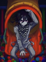 Rule 34 | 1boy, arm up, buttons, checkered clothes, checkered scarf, closed mouth, danganronpa (series), danganronpa v3: killing harmony, double-breasted, grey jacket, grey pants, hair between eyes, highres, jacket, looking at viewer, male focus, no nose, oma kokichi, pants, scarf, seng (nnnmi05), sitting, slide, smile, solo