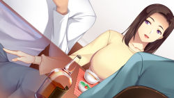 Rule 34 | 1girl, aniyome wa icharabu h de netora retai, bottle, breasts, brown hair, bulge, dutch angle, erection, erection under clothes, from above, from behind, green shirt, highres, large breasts, legs, looking to the side, medium hair, original, parted lips, penis grab, purple eyes, salad, shirt, sitting, smile, table, thighs, white shirt, x-ray, yellow shirt, yuuriko