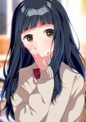 Rule 34 | 1girl, black hair, blunt bangs, blurry, blurry background, blush, brown cardigan, cardigan, commentary request, fingernails, gnash15, highres, long hair, looking at viewer, nail polish, oshi no ko, partial commentary, school uniform, smile, solo, sumi yuki, upper body, very long hair