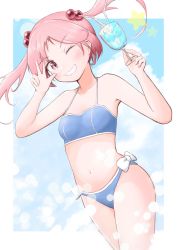 Rule 34 | 1girl, aaoi, bare arms, bare legs, bare shoulders, bikini, blue bikini, blush, collarbone, cowboy shot, cup, drink, drinking straw, grin, hair bobbles, hair ornament, highres, holding, holding cup, kantai collection, navel, one eye closed, pink eyes, pink hair, sazanami (kancolle), short hair, smile, solo, swimsuit, twintails
