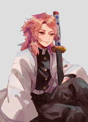 Rule 34 | 1boy, absurdres, black jacket, black pants, blue eyes, chinese commentary, closed mouth, commentary request, facial scar, gakuran, grey background, hakama, hakama pants, haori, highres, holding, holding sword, holding weapon, jacket, japanese clothes, katana, kimetsu no yaiba, long hair, looking at viewer, male focus, mogutofuoes, pants, pink hair, sabito (kimetsu), scar, scar on cheek, scar on face, school uniform, simple background, sitting, solo, sword, weapon, white jacket